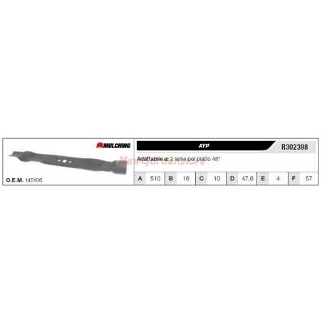 Cuchilla AYP para tractor cortacésped 2 cuchillas planas 48" R302398 | NewgardenParts.com