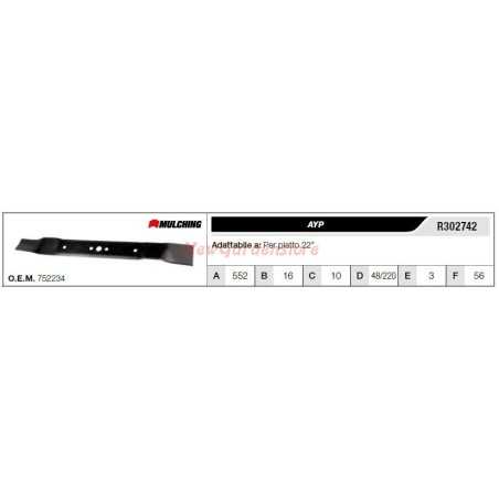Cuchilla AYP para tractor cortacésped cortacésped plano 22" R302742 752234 | NewgardenParts.com
