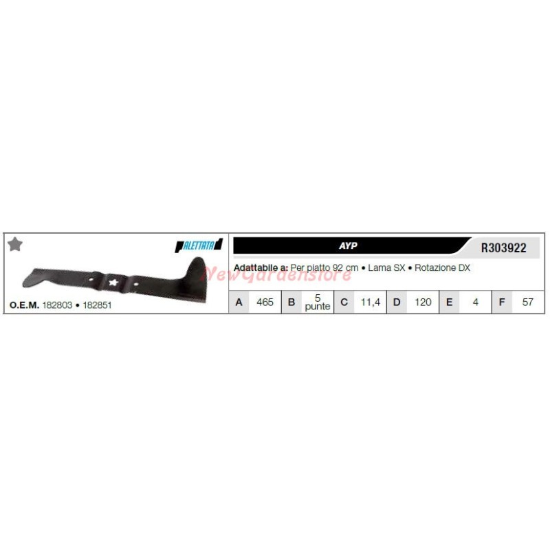 Lama AYP per trattorino tagliaerba rasaerba tosaerba piatto 92cm R303922