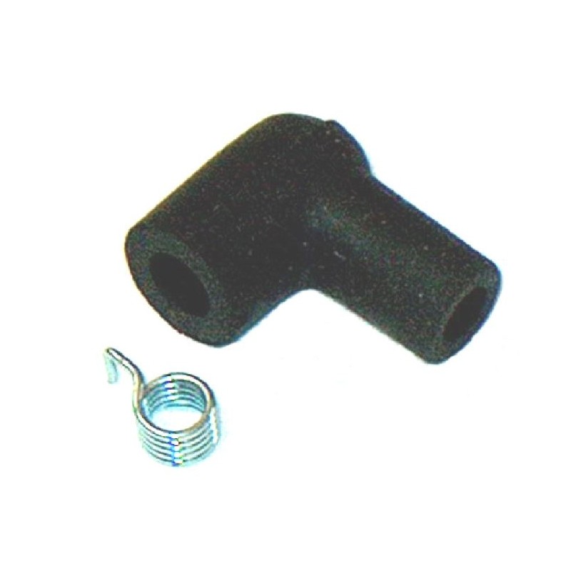 Spark plug connector with spring-loaded cap for fixed terminal