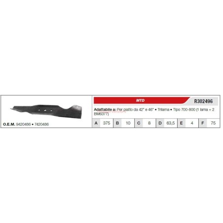 Lama MTD trattorino tagliaerba rasaerba tosaerba piatto da 42 a 46" R302496 | NewgardenParts.com